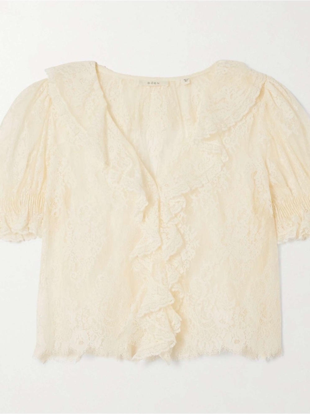 Joie Cream Lace Ruffle-Front Puff Sleeve Blouse